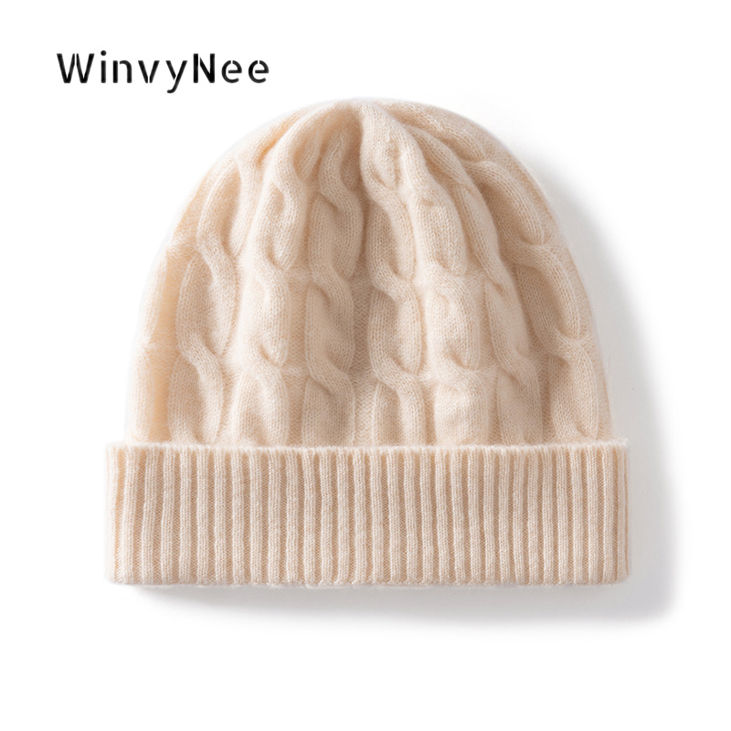 Beanie Cuffed Knit - WinvyNee Women 100% Wool Twisted Cable