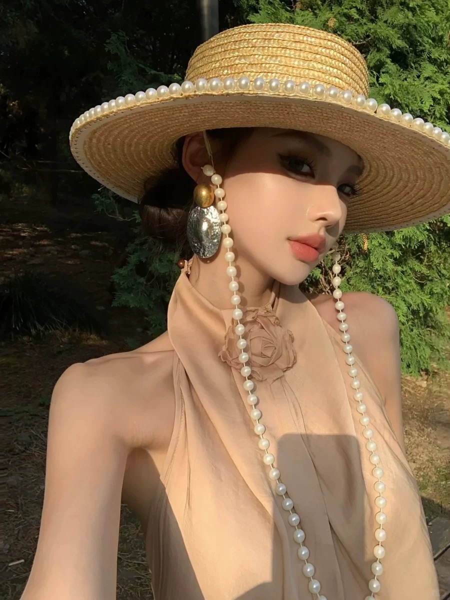 New Summer Fashion Pearl Chain - đánh giá và giá Cowboy Hat Straw